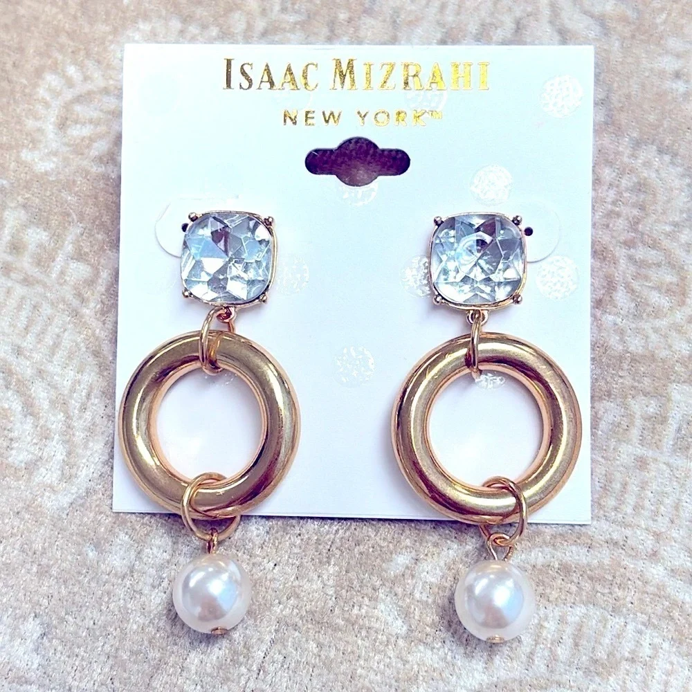 Brand New Isaac Mizrahi Large Rhinestone Gold Tone Round Faux Pearl Drop Earring